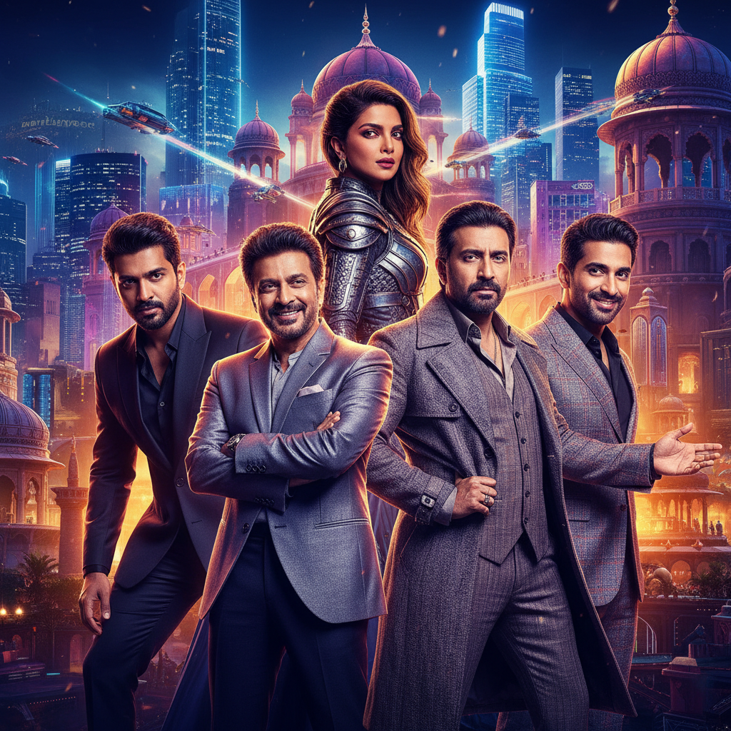 Montage of Adarsh Gourav, Anil Kapoor, Priyanka Chopra Jonas, Deepika Padukone, Irrfan Khan, and Ali Fazal against a Hollywood backdrop.