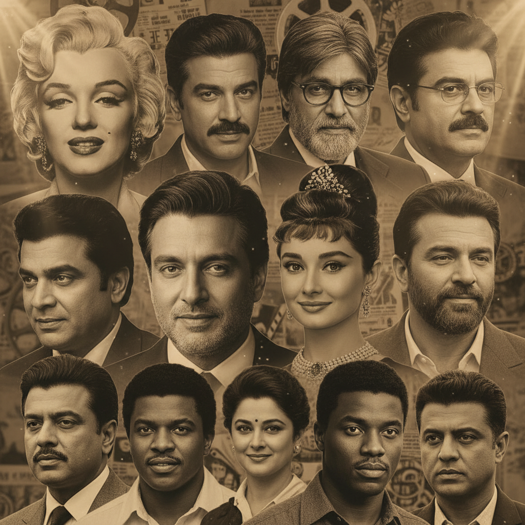 A collage of distinguished celebrity faces from Bollywood and Hollywood, subtly faded, representing the stars lost tragically in 2026.