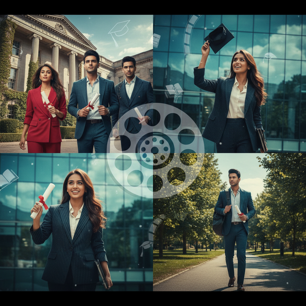 Gen Z Bollywood stars graduating from elite international universities, surrounded by film industry elements