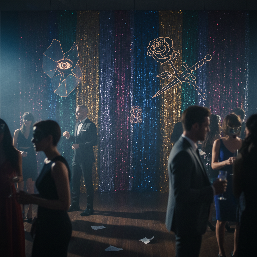 Featured image of a luxurious, mysterious party with blurred celebrity figures, hinting at secrecy and danger.