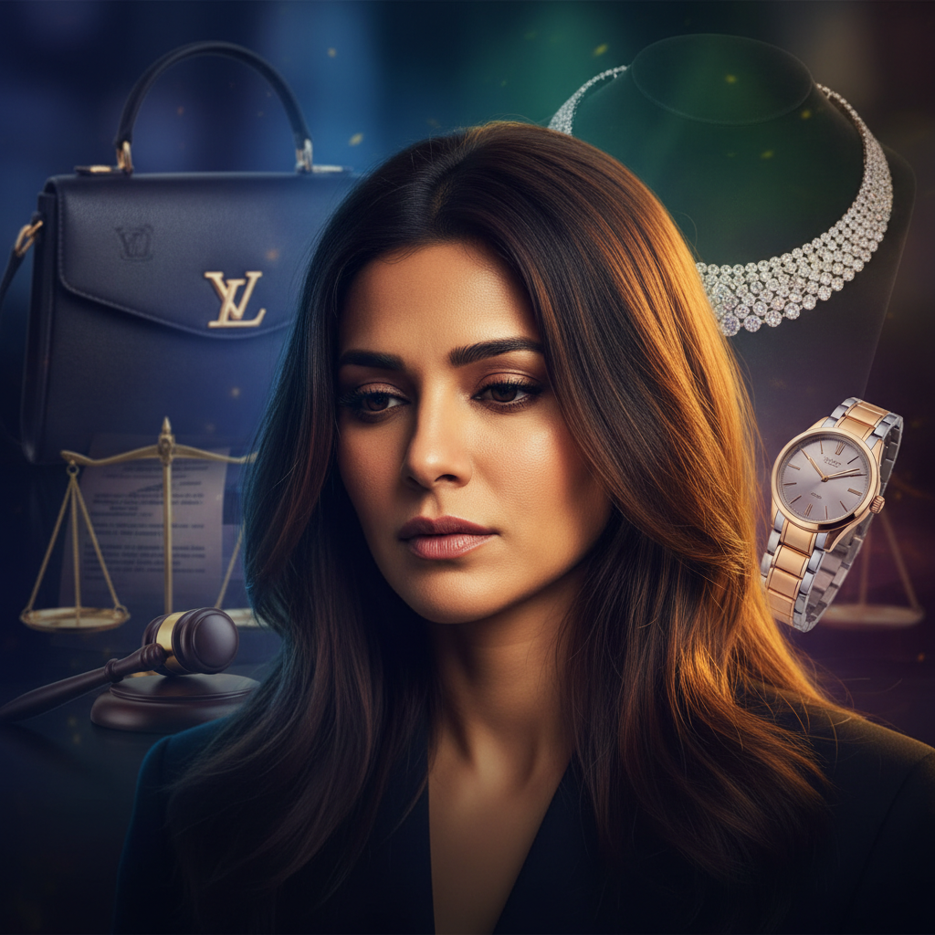 Jacqueline Fernandez looking troubled amidst luxury items, representing the gifts scandal.