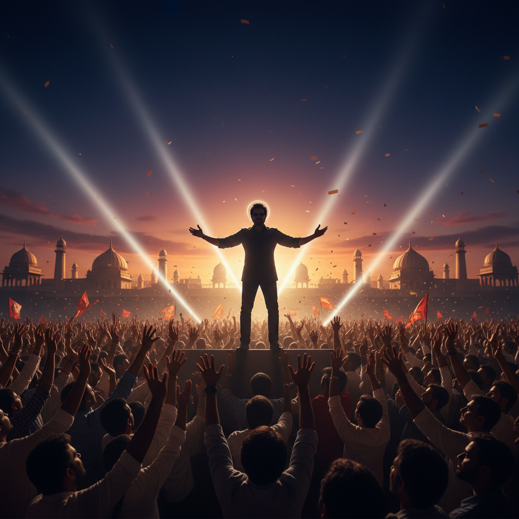 Thalapathy Vijay addressing a large political rally, symbolizing his film 'Jana Nayagan' amidst delay rumors.