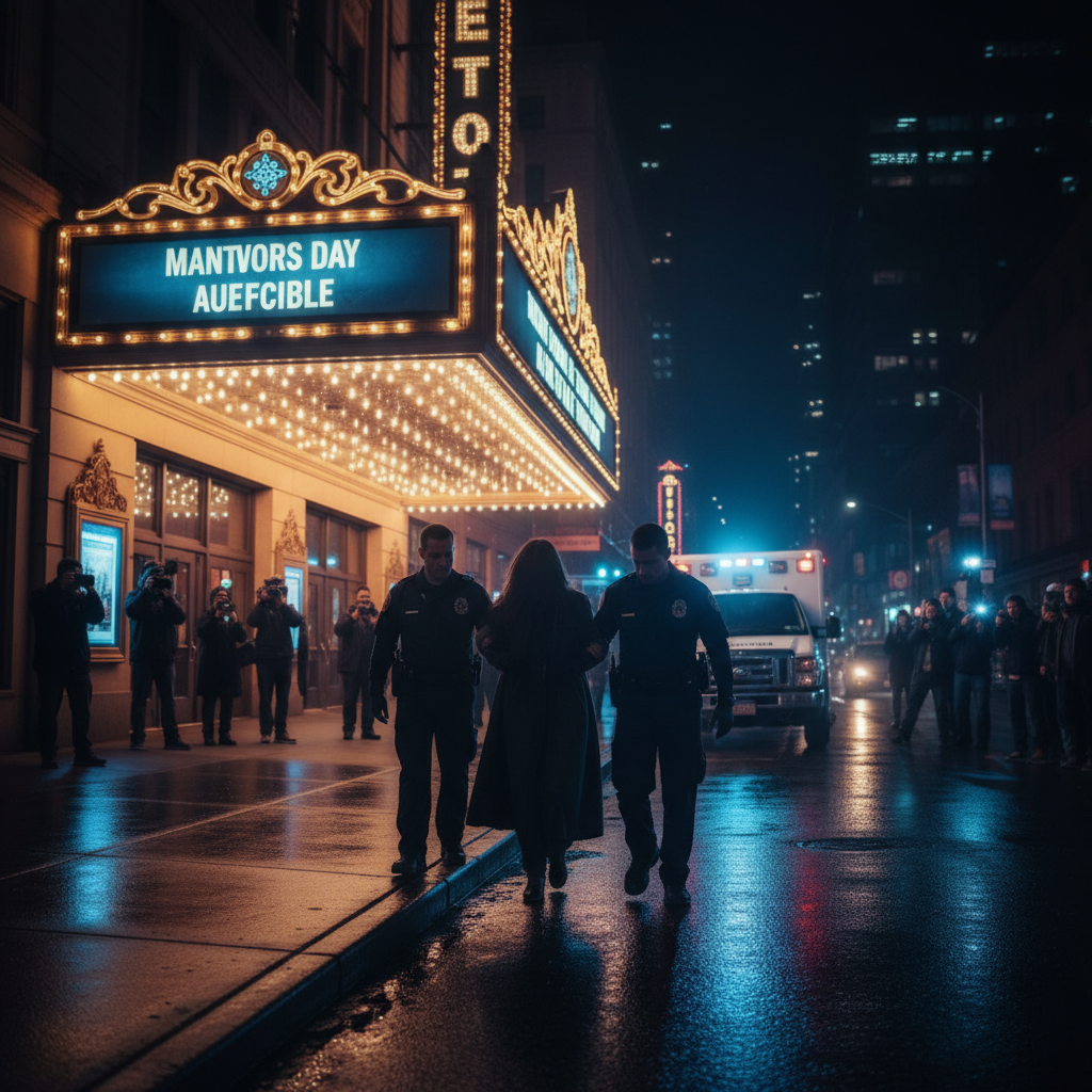 Megan Thee Stallion being rushed from a Broadway theatre to an ambulance, in a dramatic, urgent scene at night.