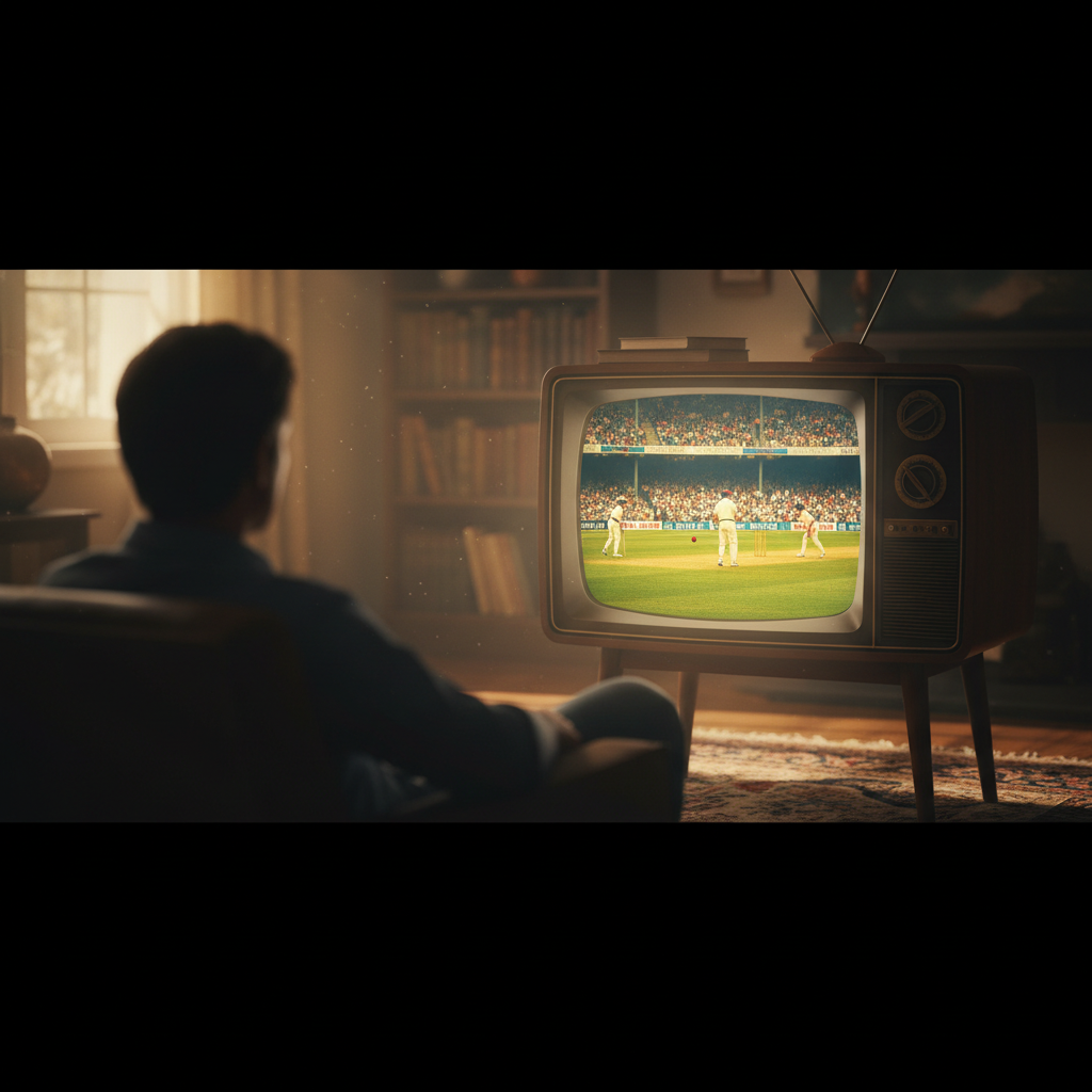 Vintage TV showing a cricket match, symbolizing the beloved actor's final moments during the World Cup, with a hint of a viewer.
