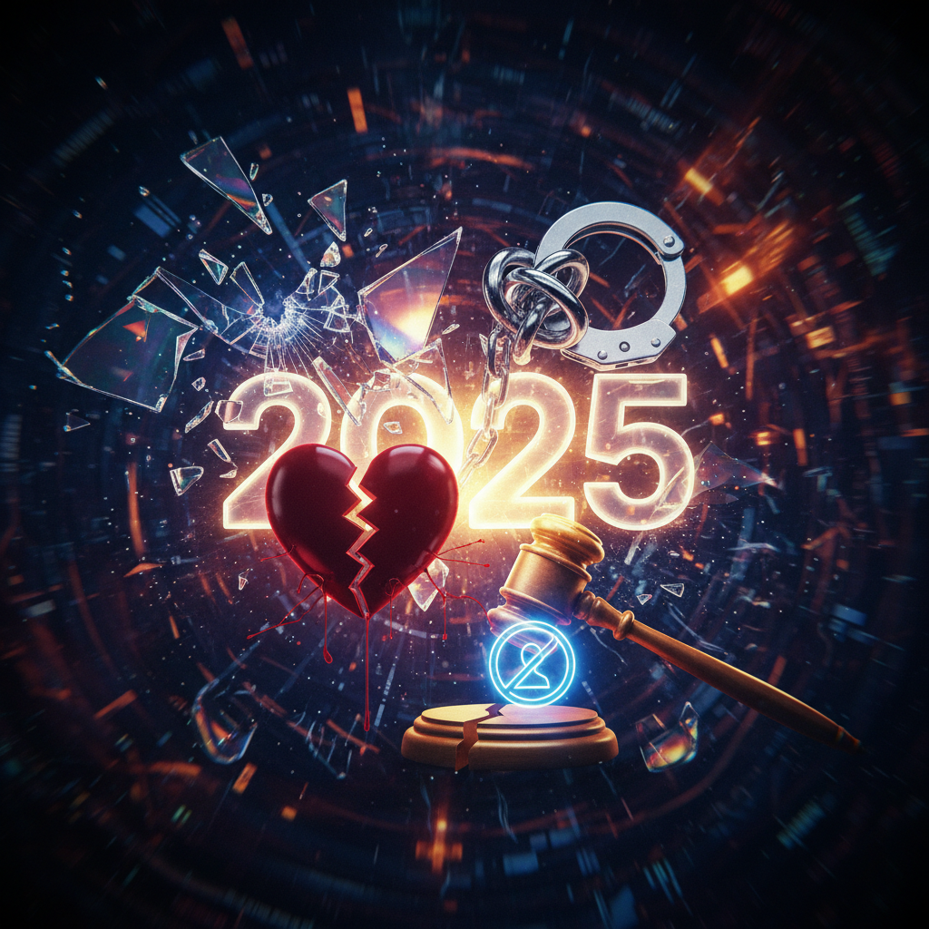 Bollywood controversy year ender 2025 collage with broken heart, handcuffs, legal gavel, and social media cancel icon