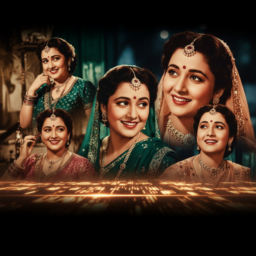 Kamini Kaushal tribute with vintage film reels and modern news graphics, debunking a death hoax