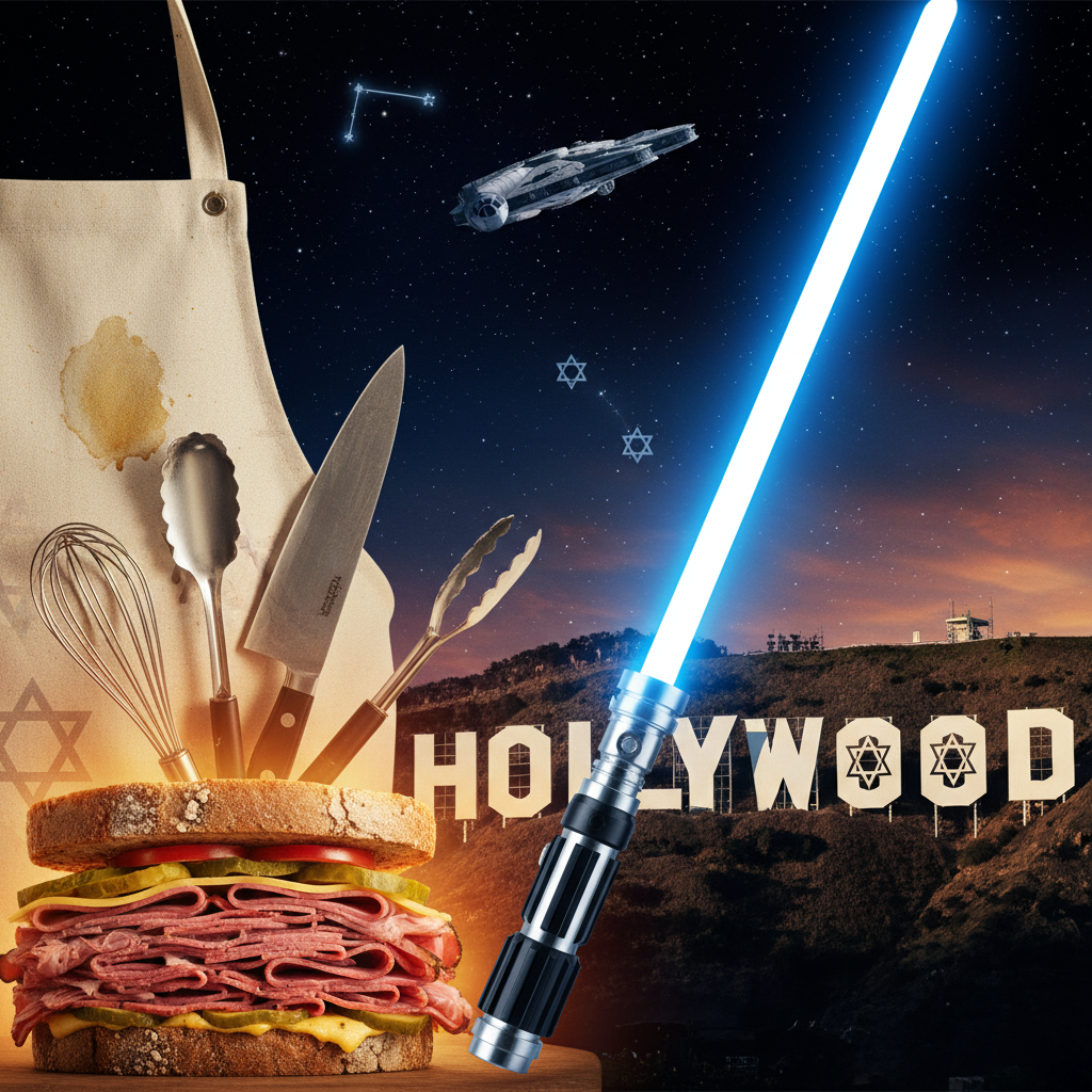 Collage representing The Bear, Star Wars, and Jewish Hollywood with cinematic lighting.