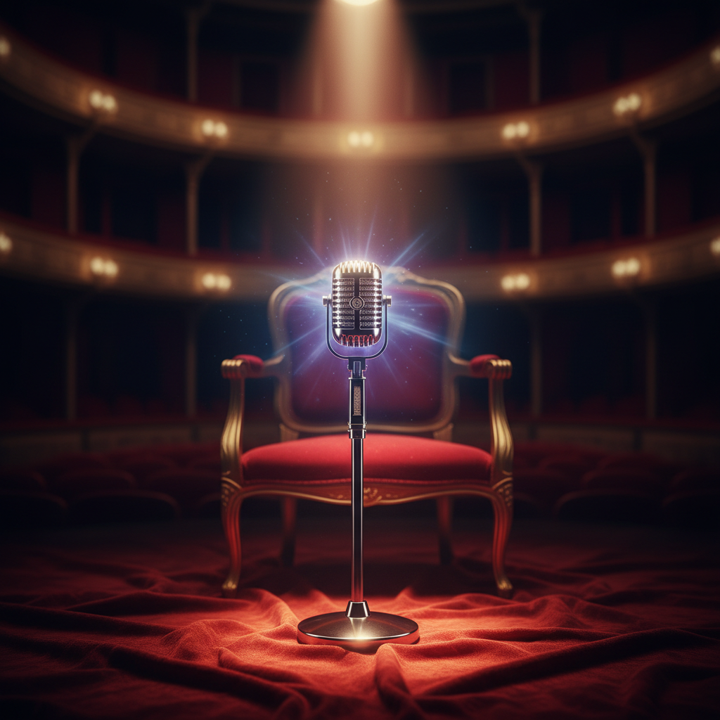 A single spotlight on a vintage microphone on a red velvet stage, symbolizing celebrity deaths and remembrance in 2026.