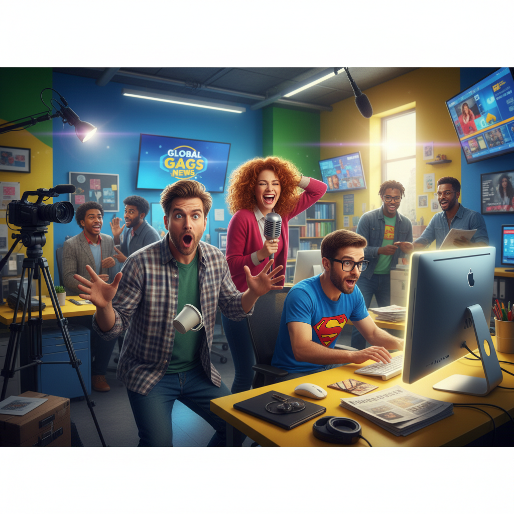 A bustling, vibrant media office with comedic characters, hinting at LOLlywood sitcom 'The Express Tribune'.