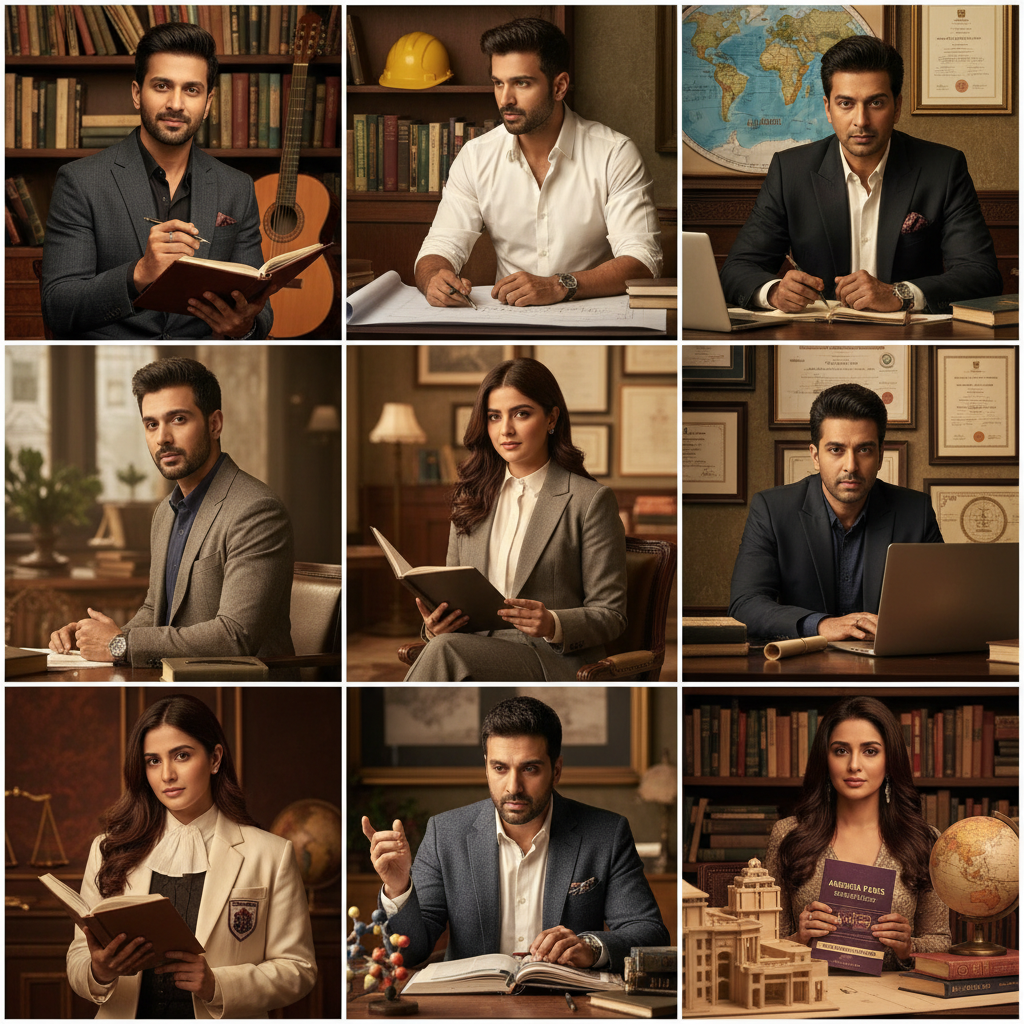 Collage of 8 highly educated Bollywood actors: Ayushmann Khurrana, Vicky Kaushal, Parineeti Chopra, R Madhavan, Soha Ali Khan, John Abraham, Kriti Sanon, and Ameesha Patel, looking sophisticated and intelligent.