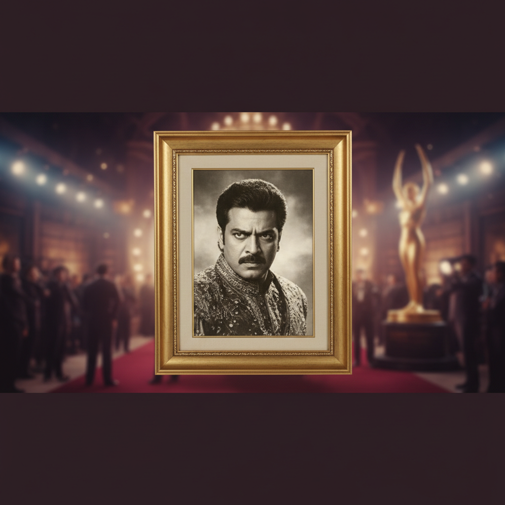 Tribute to veteran Bollywood actor Pradeep Rawat, featuring his iconic intense portrayal in a cinematic backdrop, honoring his passing at 74.